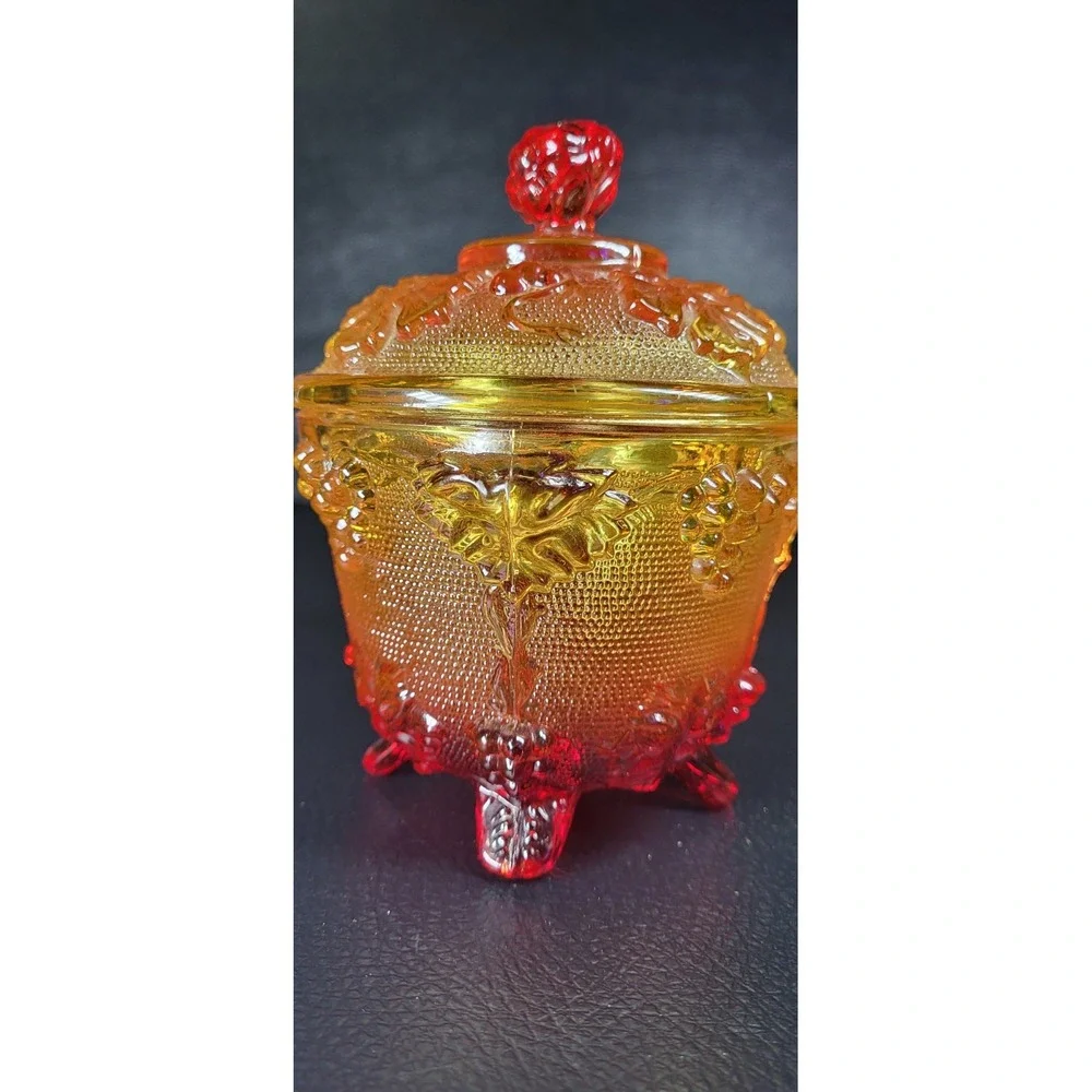 Vintage Jeannette Glass Amberina Glass Footed Candy Bowl Dish W Lid Grape